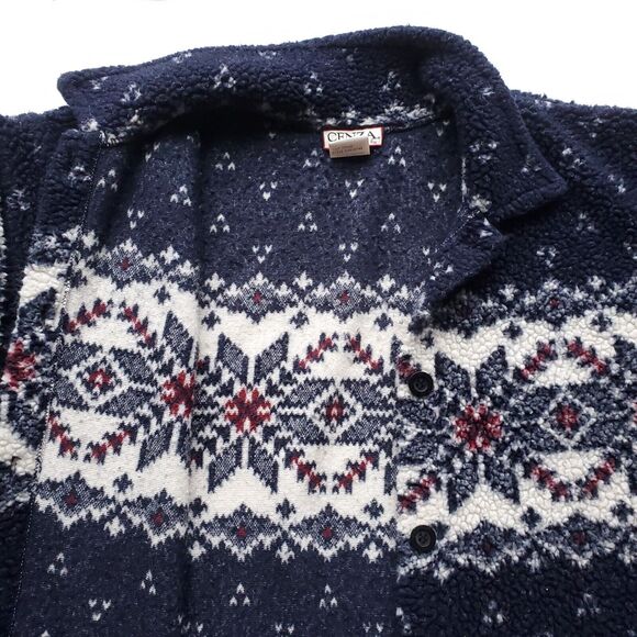 Vintage Cenza by Palmettos Fair Isle Fleece Shirt L Blue Button Sherpa Jacket - Picture 7 of 16